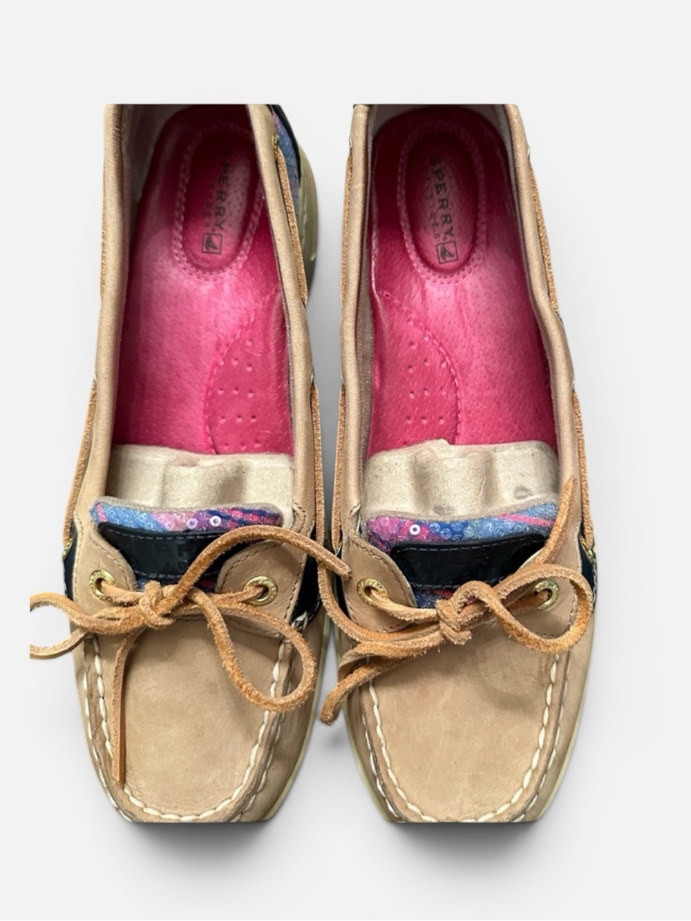 Sperry Tan Leather Moccasin Boat Shoes with Pink Insoles SZ 7.5